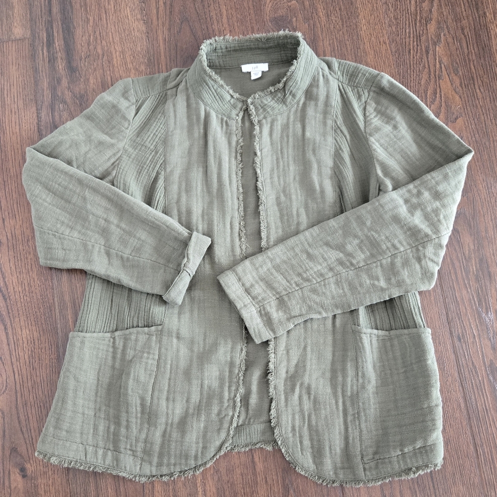 J. Jill Olive Green Utility Jacket Raw Frayed Hem 100% Cotton Size S Petite